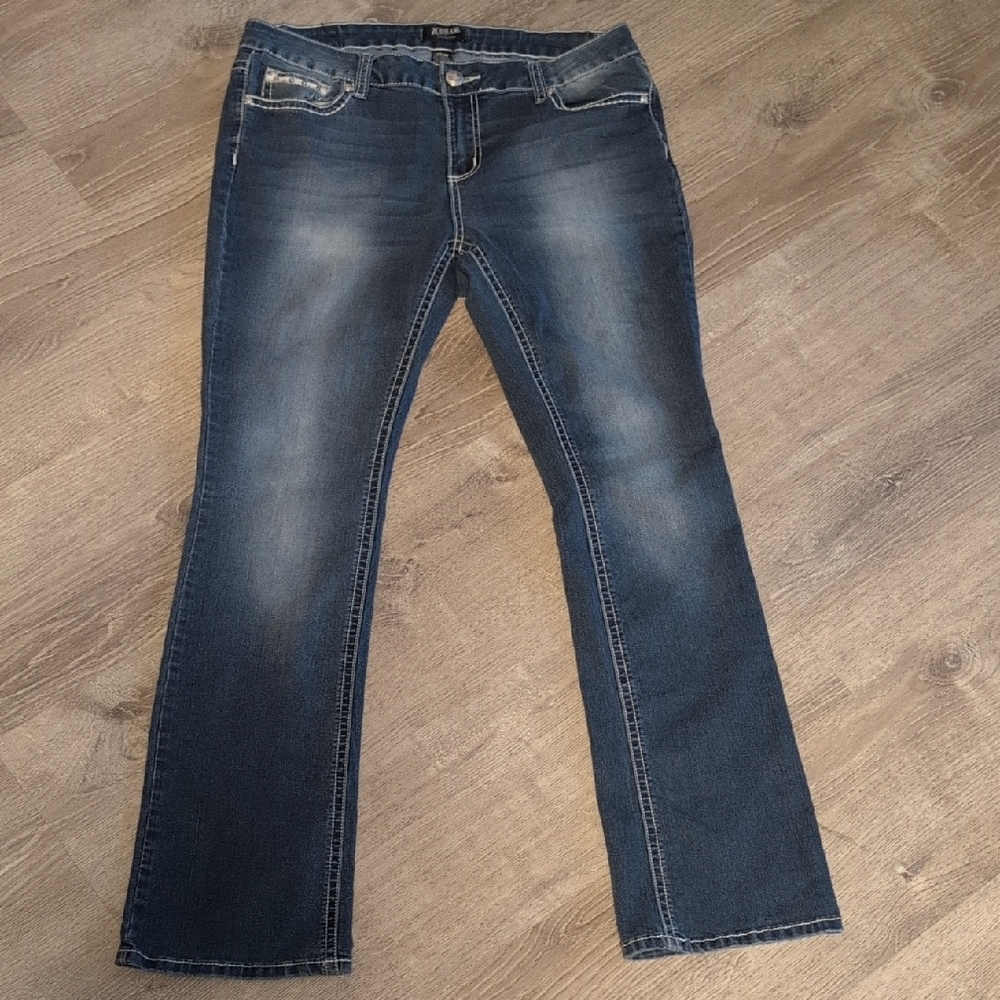 Blue Boot Cut Jeans with Contrast Stitching